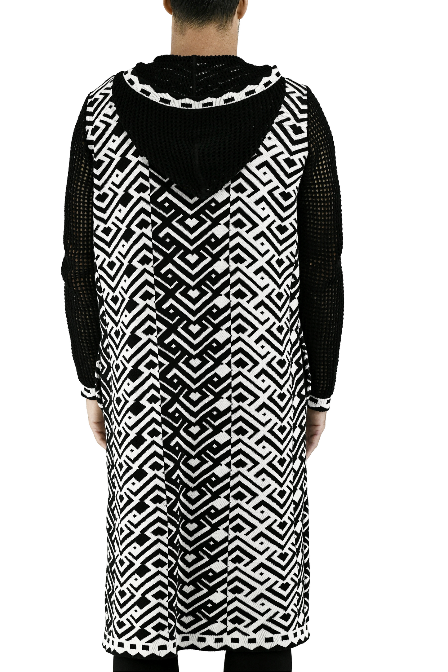 Menswear Black and White Ethnic Mesh Cardigan with Hood ZG5715