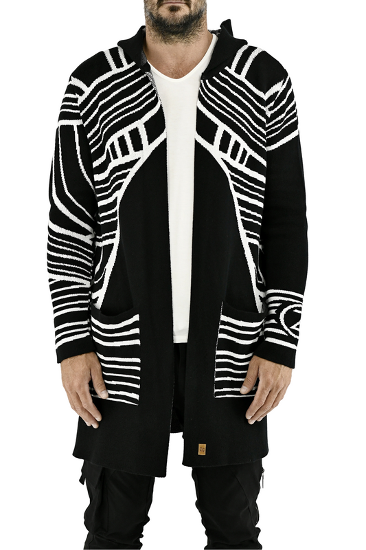 Menswear Circular Black and White Hooded Cardigan ZG5704