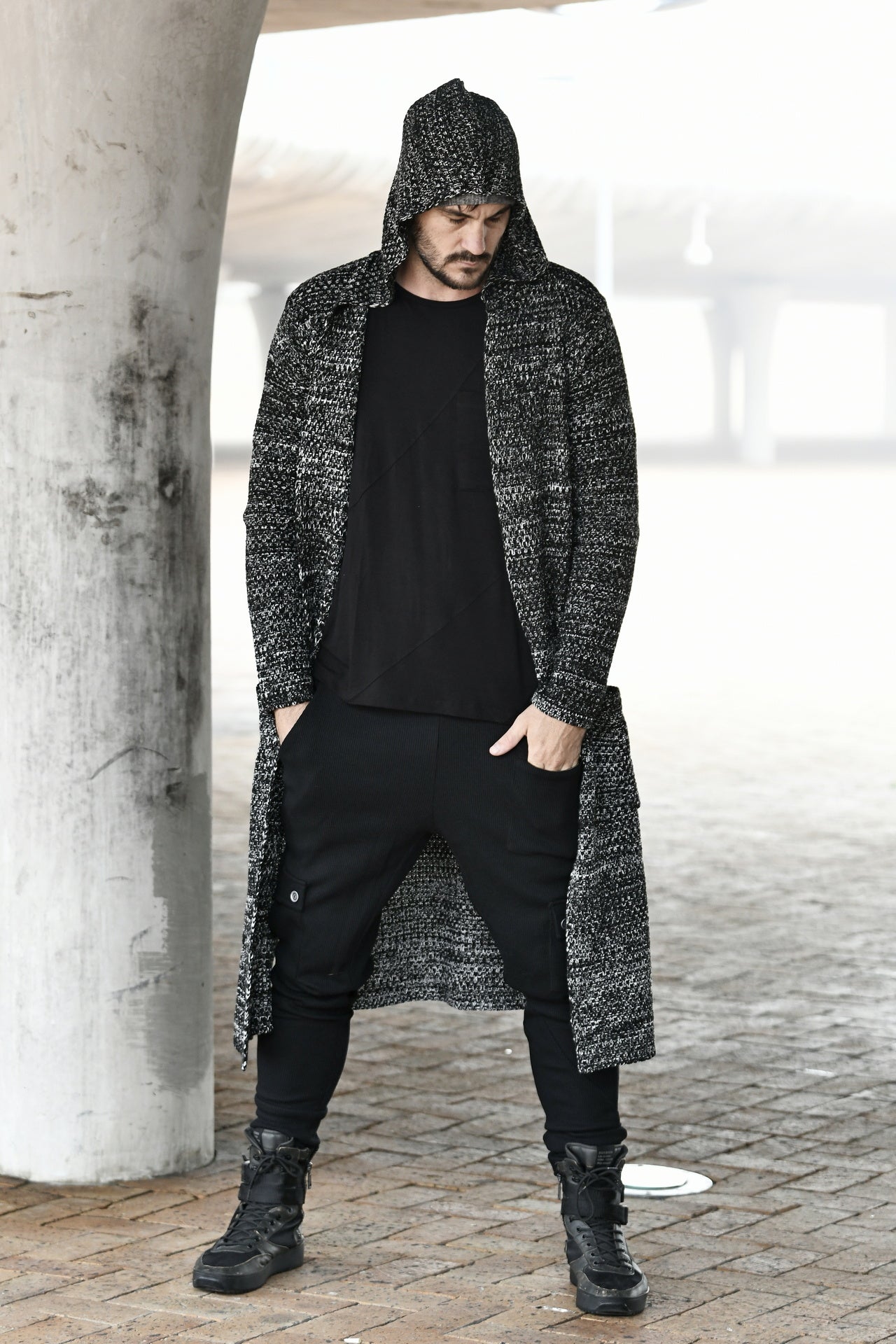 Black Marl Maxi Hooded Cardigan with Pockets ZG5644 ZEITGEIST