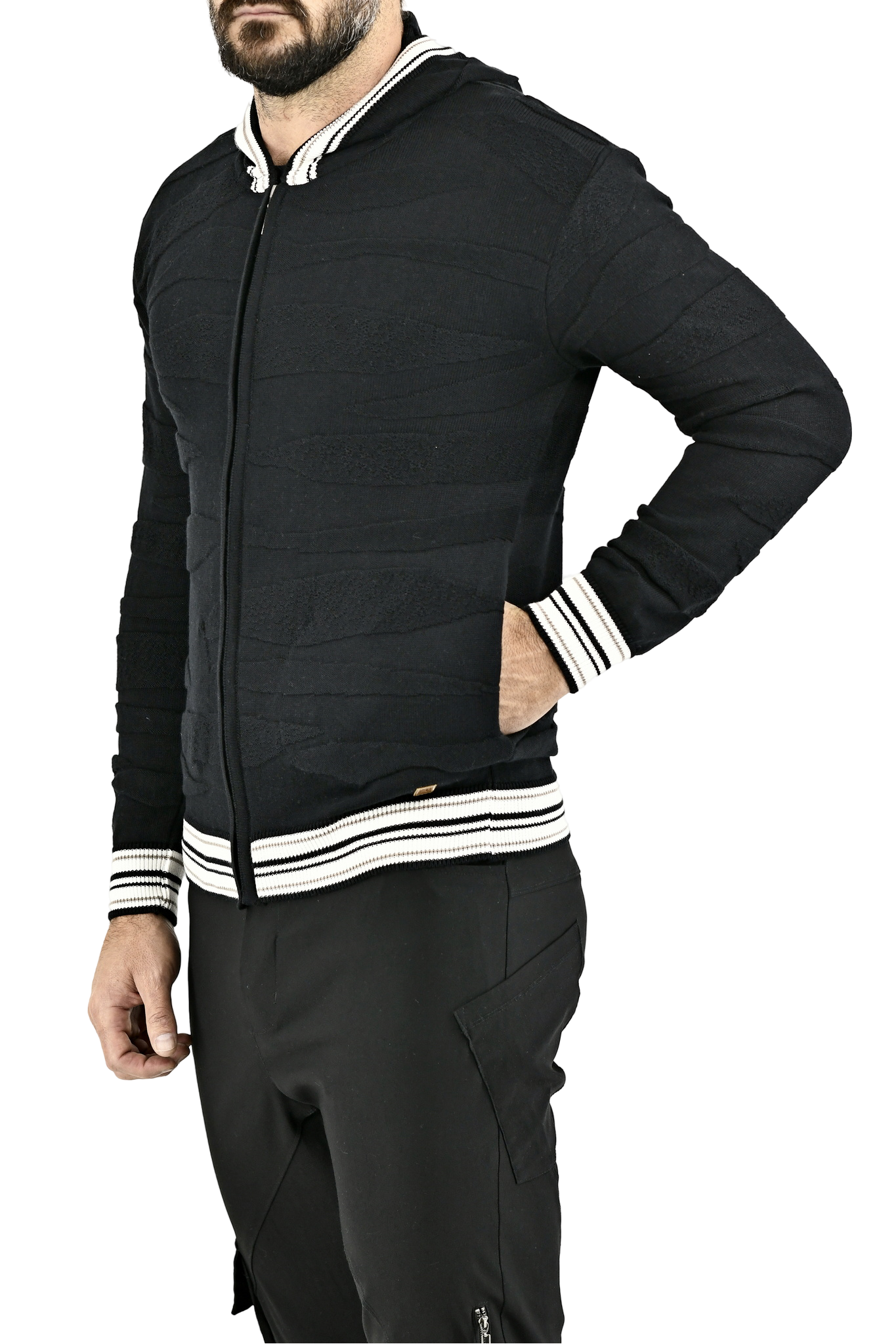 Menswear Knitwear Stripe Cuff Hoody Zip Through ZG5694