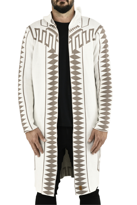 Menswear Off-white and Taupe Long Length Diamond Cardigan ZG5695