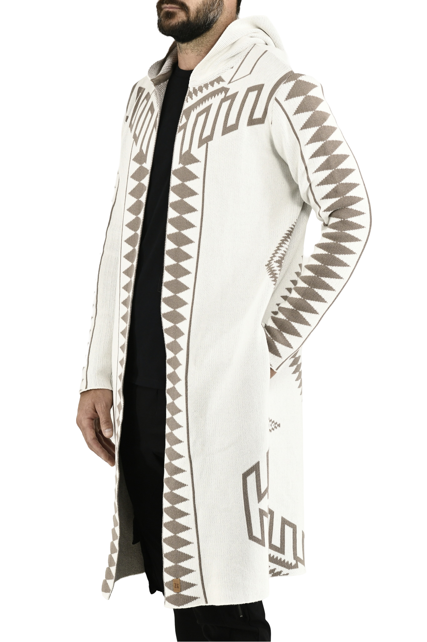 Menswear Off-white and Taupe Long Length Diamond Cardigan ZG5695