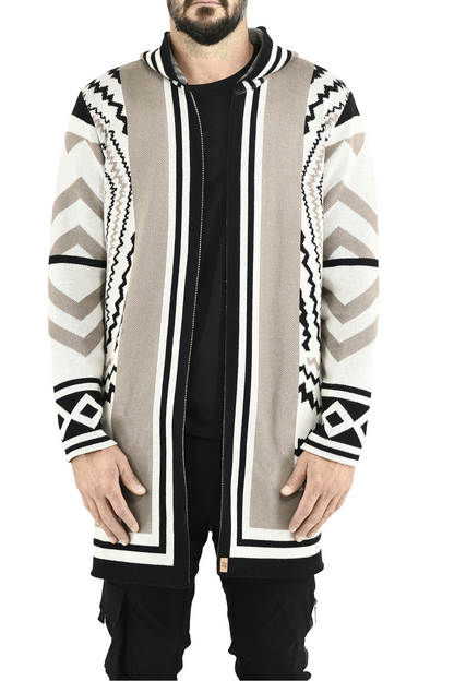 Menswear Off-white and Taupe Filigree Hooded Cardigan ZG5696