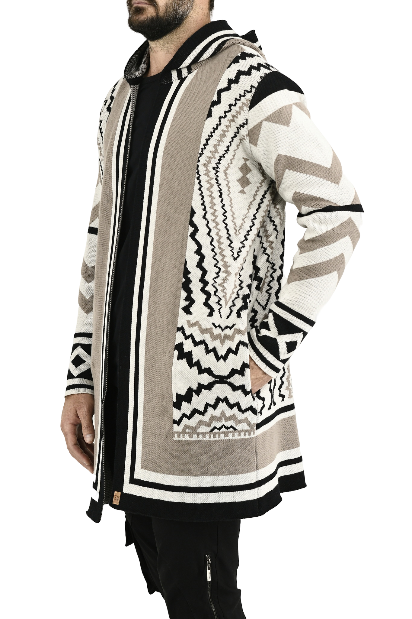 Menswear Off-white and Taupe Filigree Hooded Cardigan ZG5696