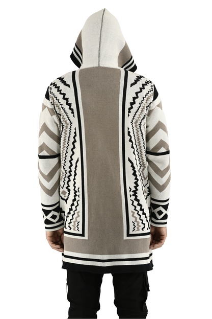 Menswear Off-white and Taupe Filigree Hooded Cardigan ZG5696