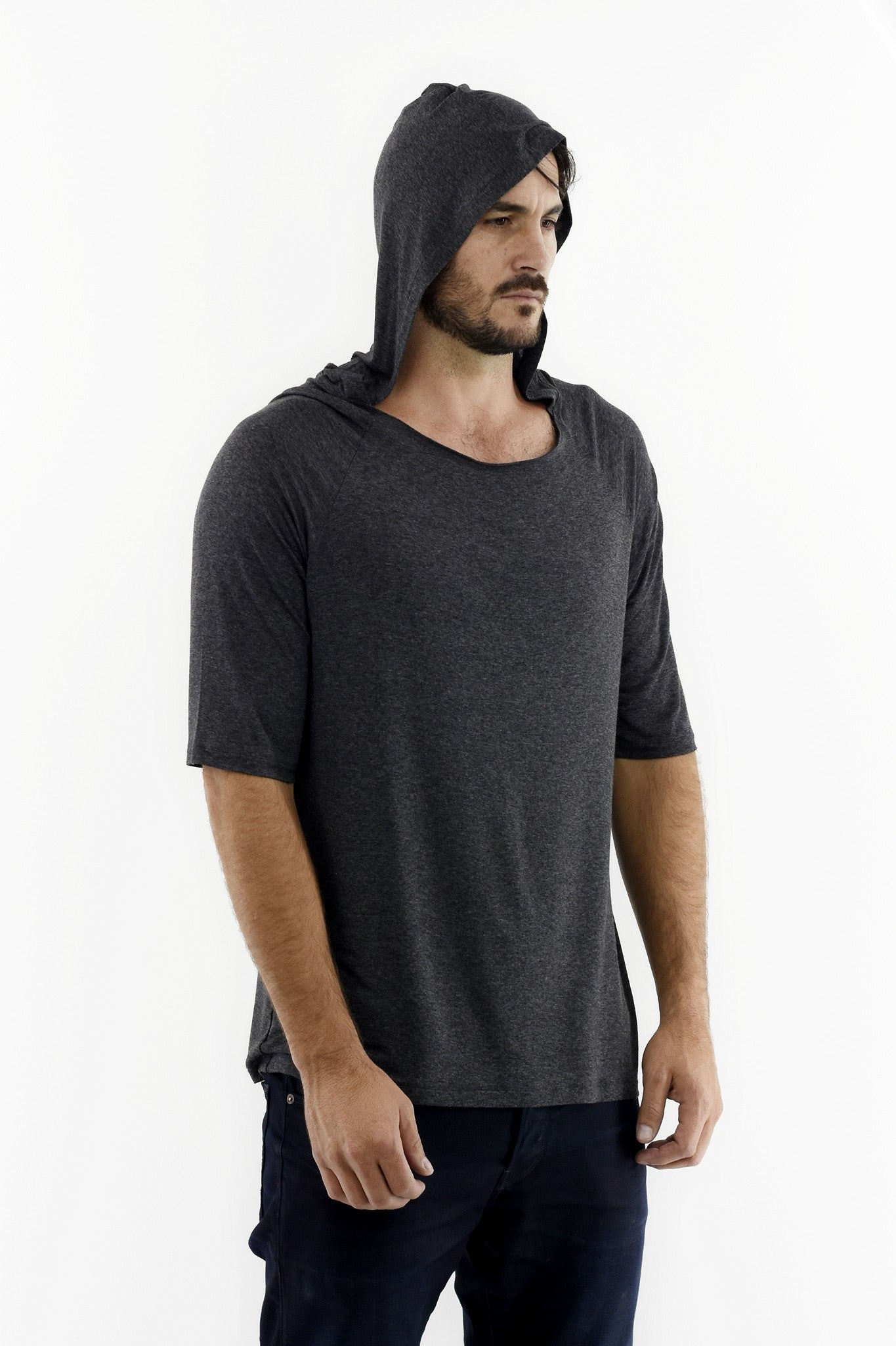 Mens Dark Grey Melange Wide Neck Hoody T-shirt ZG5251