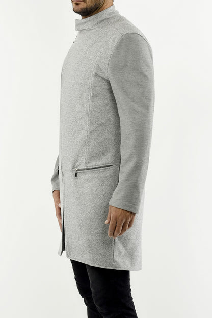 Mens Light Grey Asymmetric Zip Detail Melton Wool Coat ZG5266