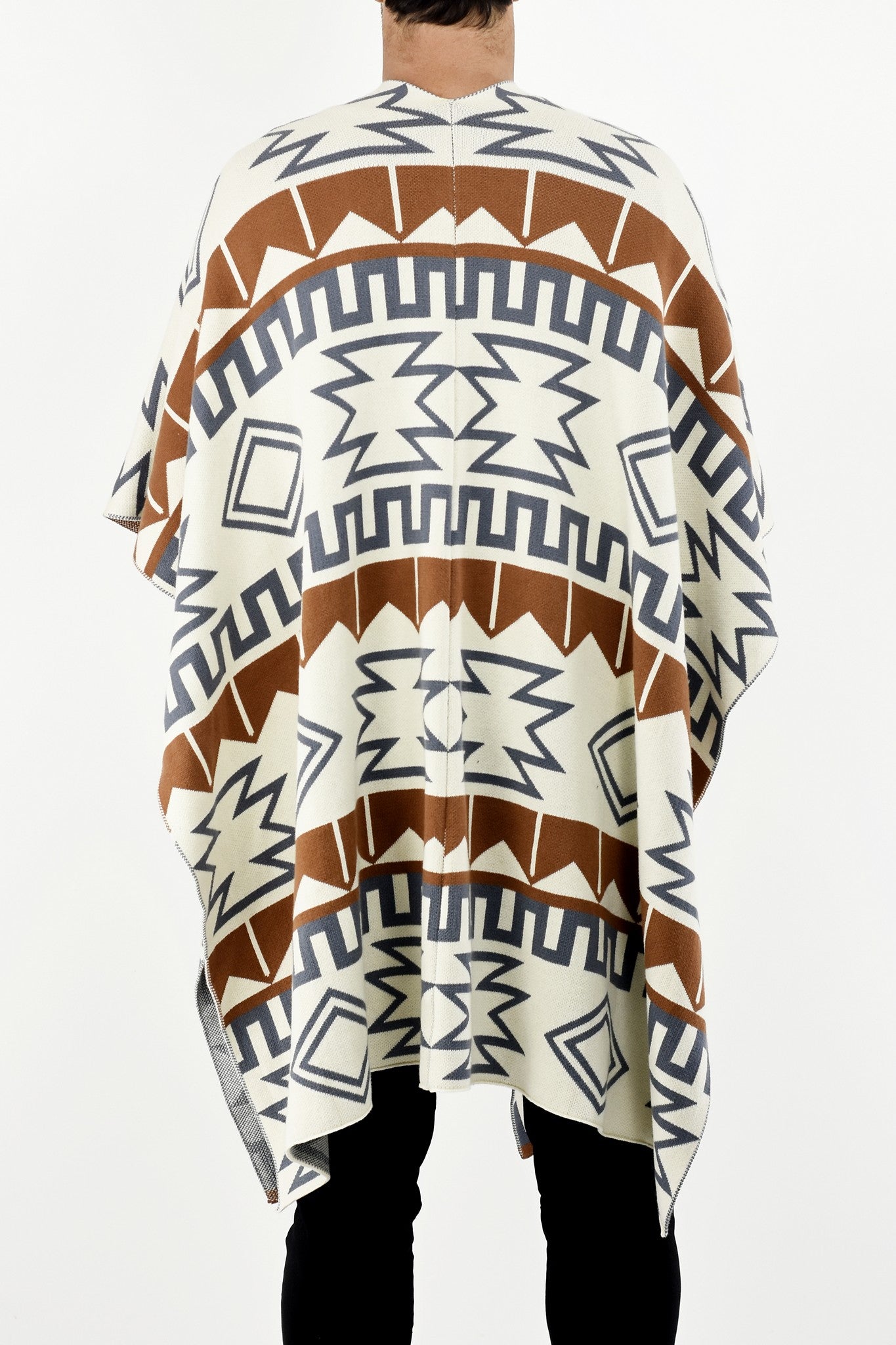 Mens Tan and Grey Knitwear Poncho with Ethnic Jacquard Design ZG5311