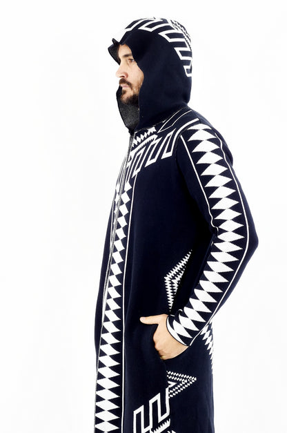 Mens Black and White Long Length Hooded Cardigan ZG5394