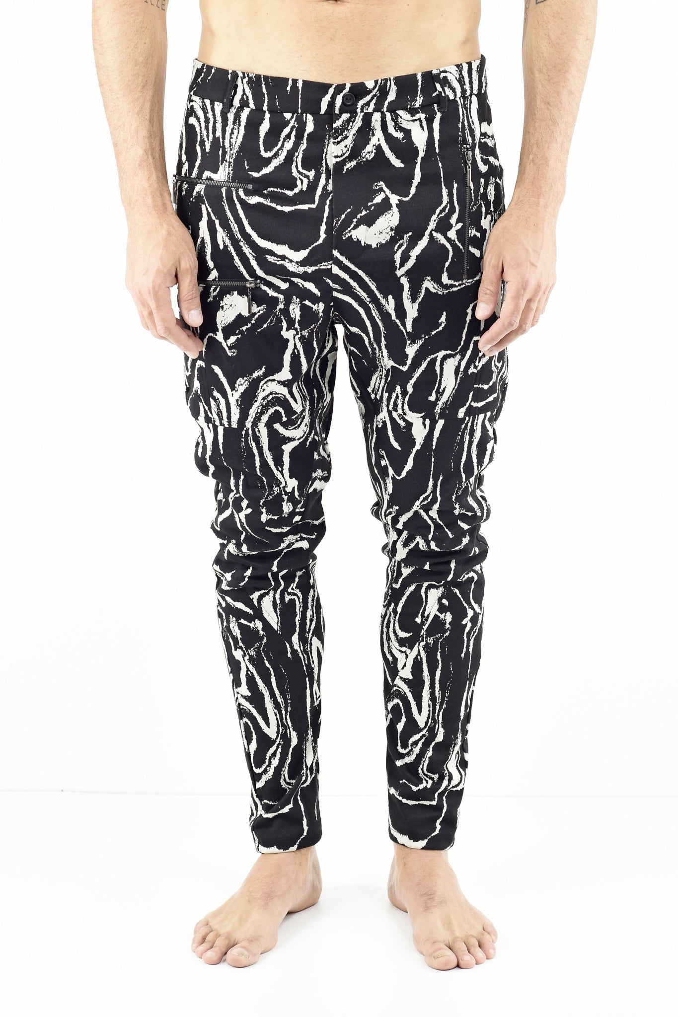 Mens Black and Cream Marble Zip Detail Pants ZG5464