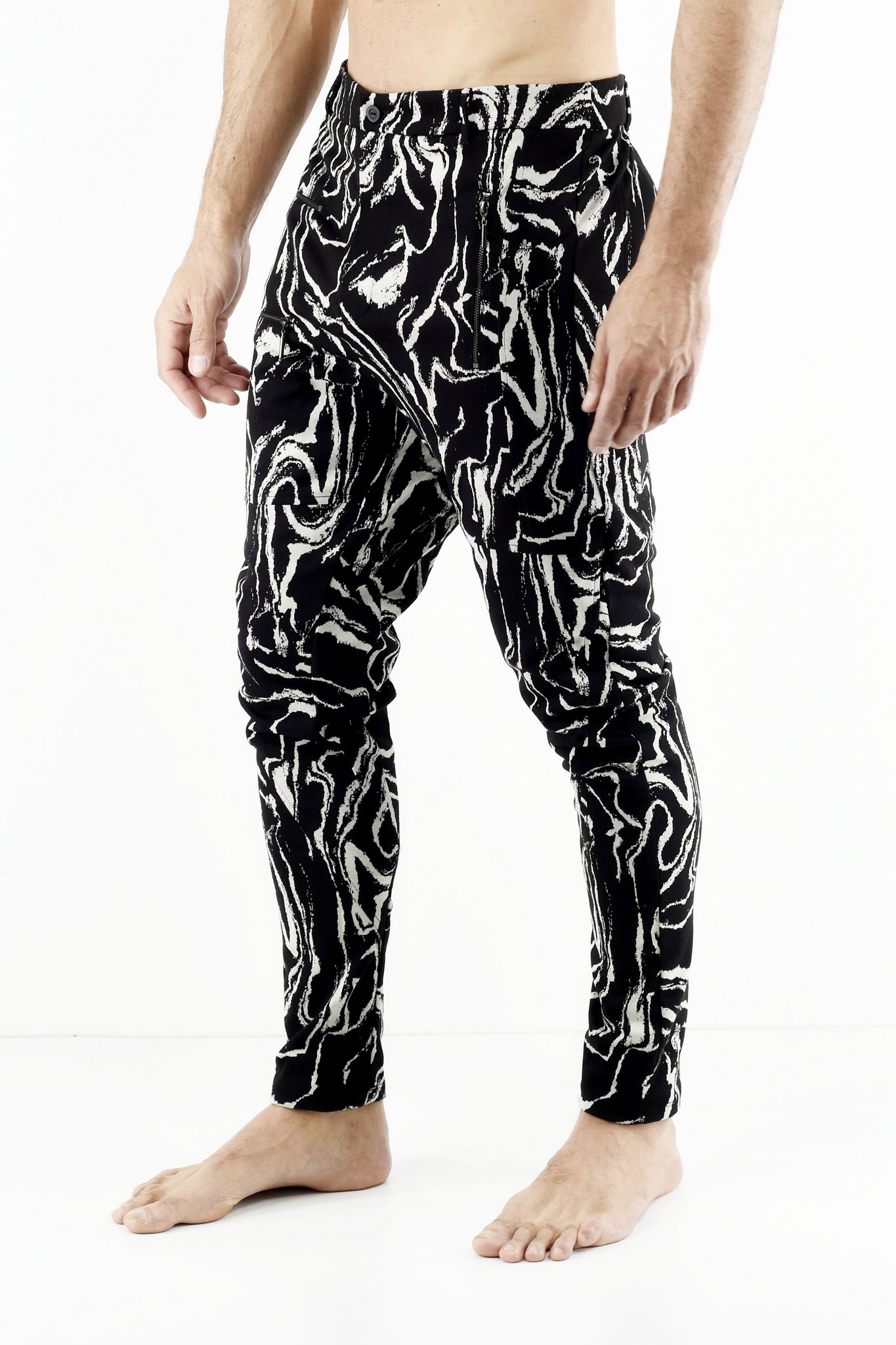 Mens Black and Cream Marble Zip Detail Pants ZG5464