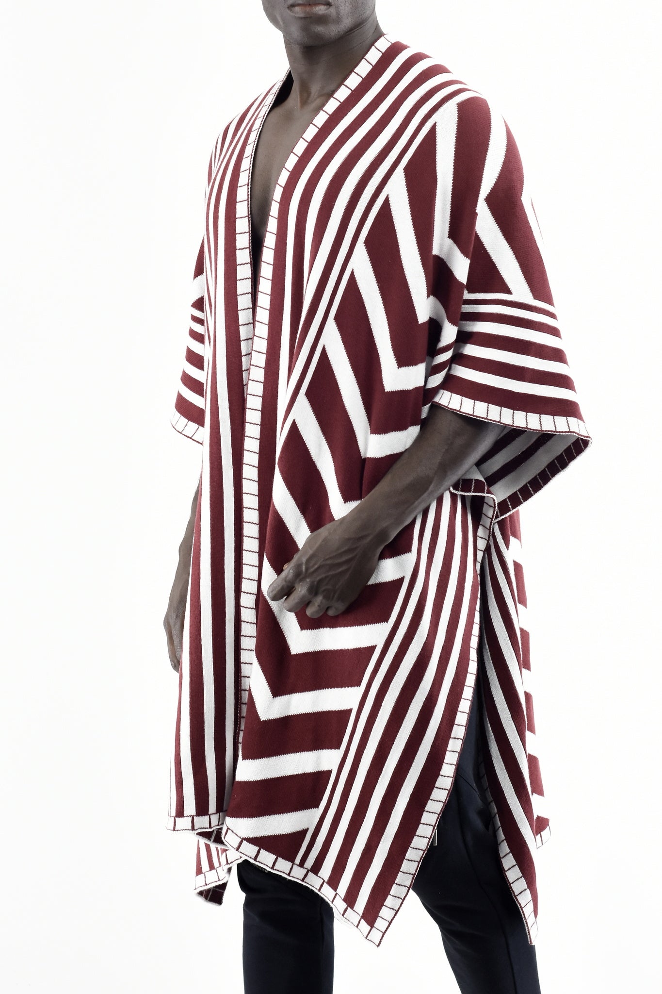 Menswear Knitted Zebra Poncho in Maroon and Off-white ZG5475