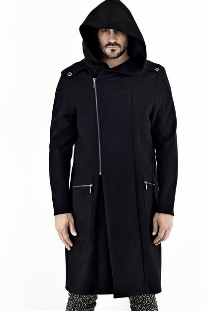 Mens Black Hoodie Melton Wool Coat ZG5517