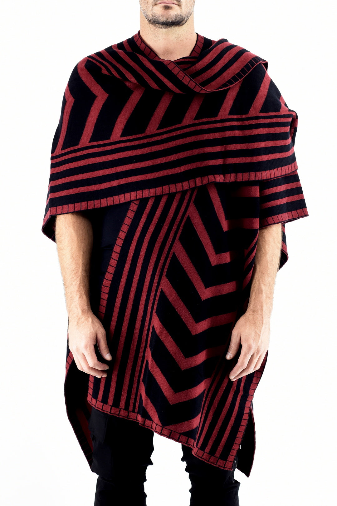 Menswear Knitted Maroon and Black Zebra Poncho ZG5532 – ZEITGEIST